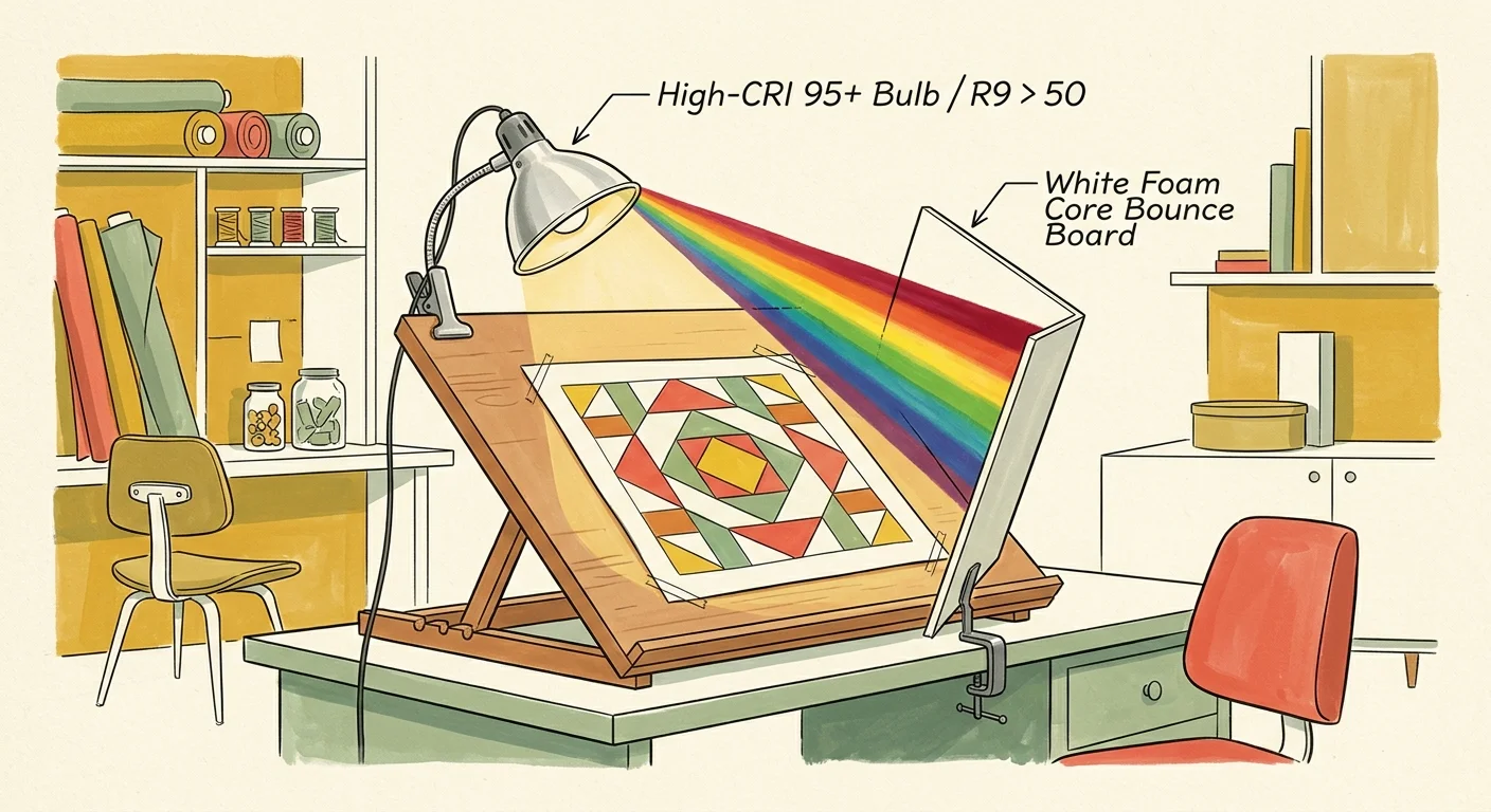 Illustration of a drafting table with a quilt square lit by a clamp lamp and a white foam core bounce board.