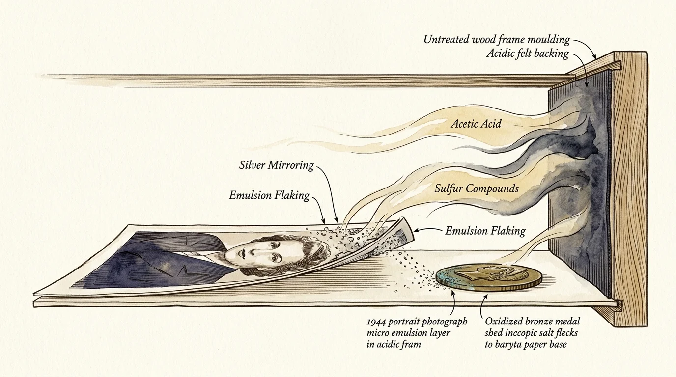 Cutaway diagram of a shadow box showing chemical fumes drifting between a portrait photograph, a medal, and frame backing.