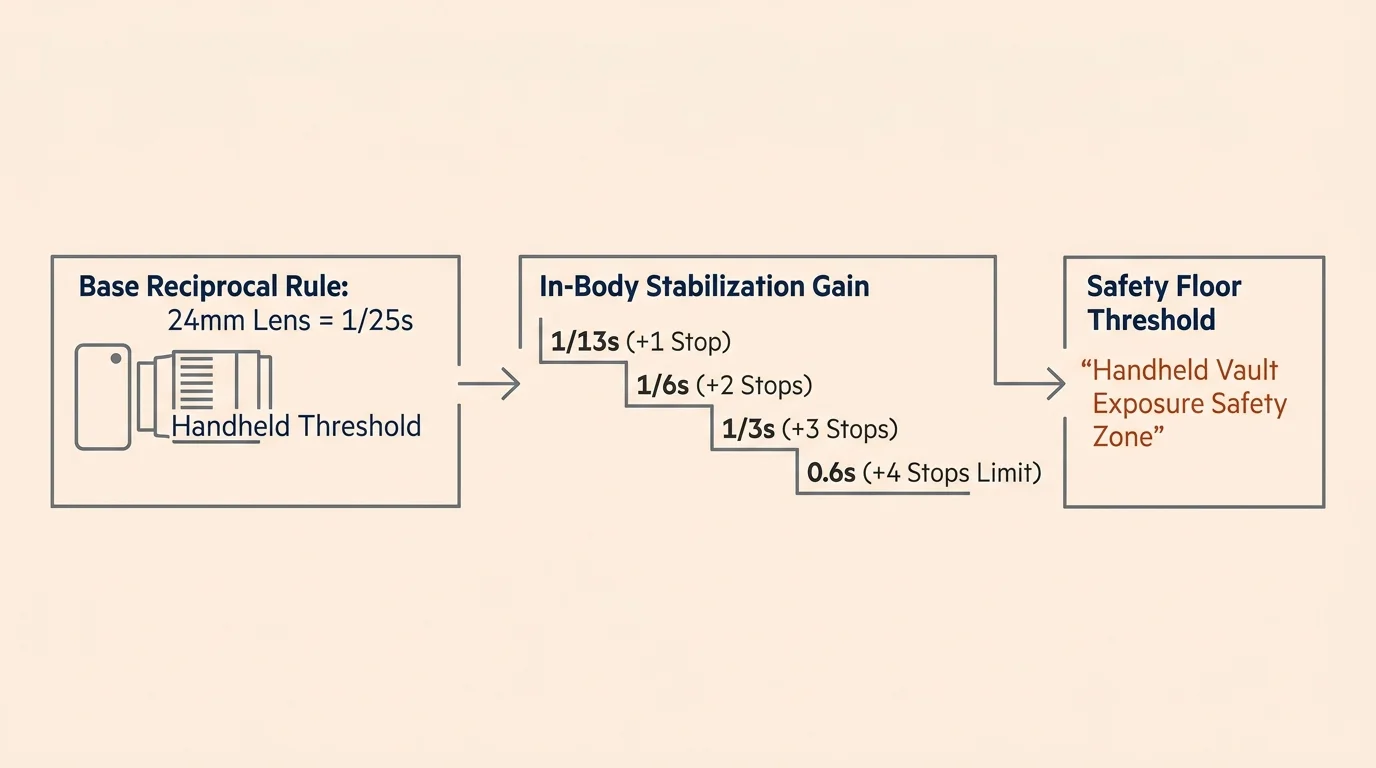 Diagram illustrating base reciprocal rule shutter speed calculations stepped down with in-body image stabilization stops.