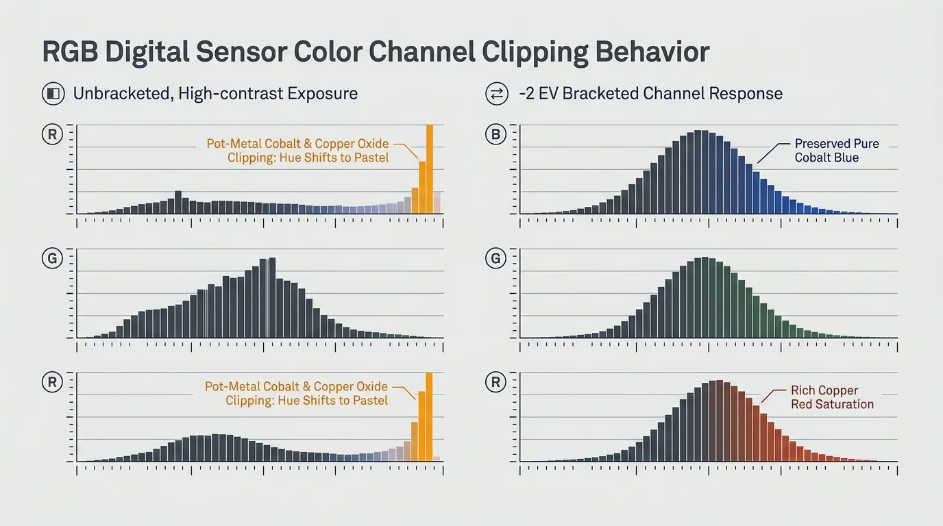 Histograms comparing unbracketed clipped color channels against preserved blue, green, and red channels at minus two EV.