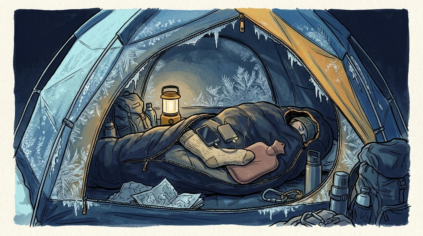 Illustration of a camper inside a frosty tent, sleeping with a phone, power bank, and hot water bottle on a sleeping bag.