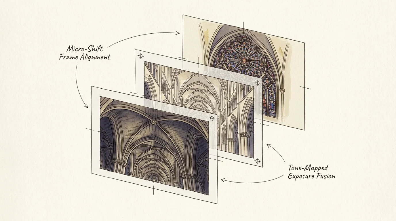 Illustration showing three layered frames of cathedral architecture aligning along dashed grid lines with handwritten notes.
