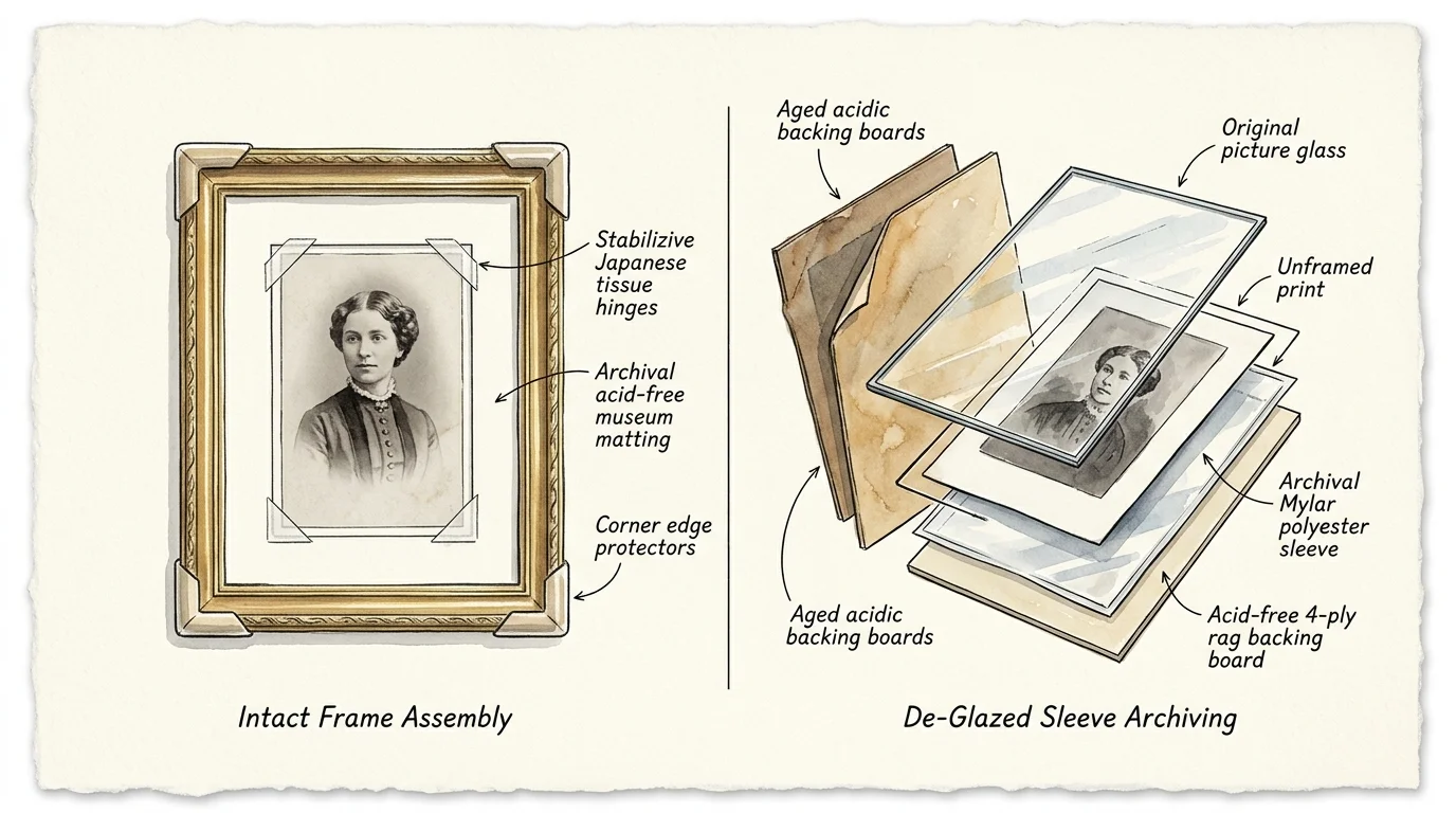 Diagram comparing an intact framed vintage portrait assembly with an exploded view of de-glazed sleeve archiving layers.