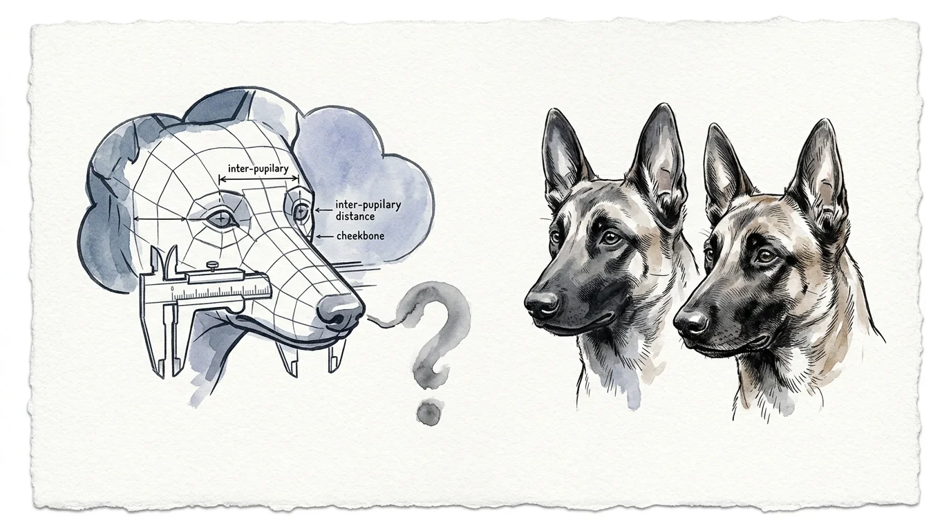 Ink sketch of a dog head wireframe with biometric measurement labels beside two illustrated Belgian Malinois portraits.