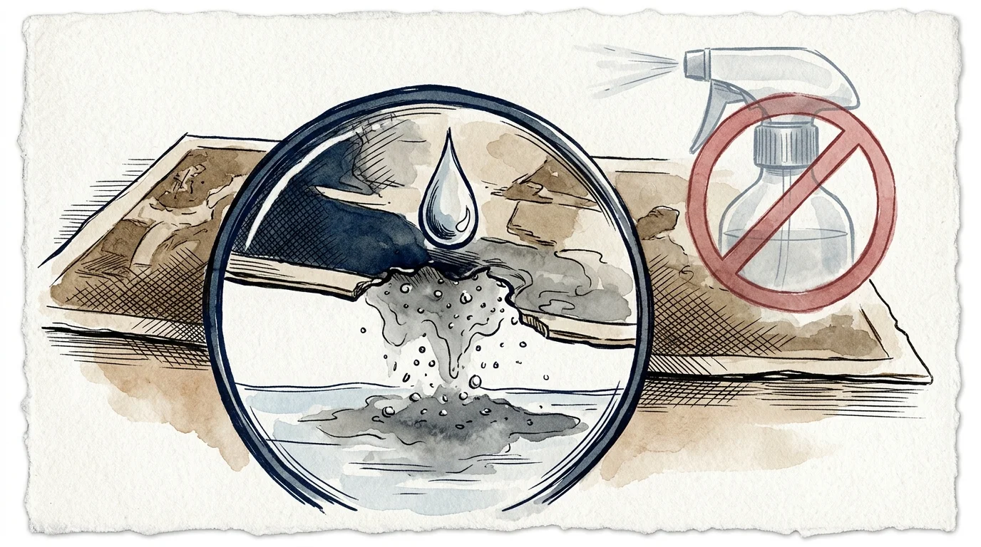 Illustration of a spray bottle with a prohibition symbol beside a magnified view of a water droplet dissolving a print layer.