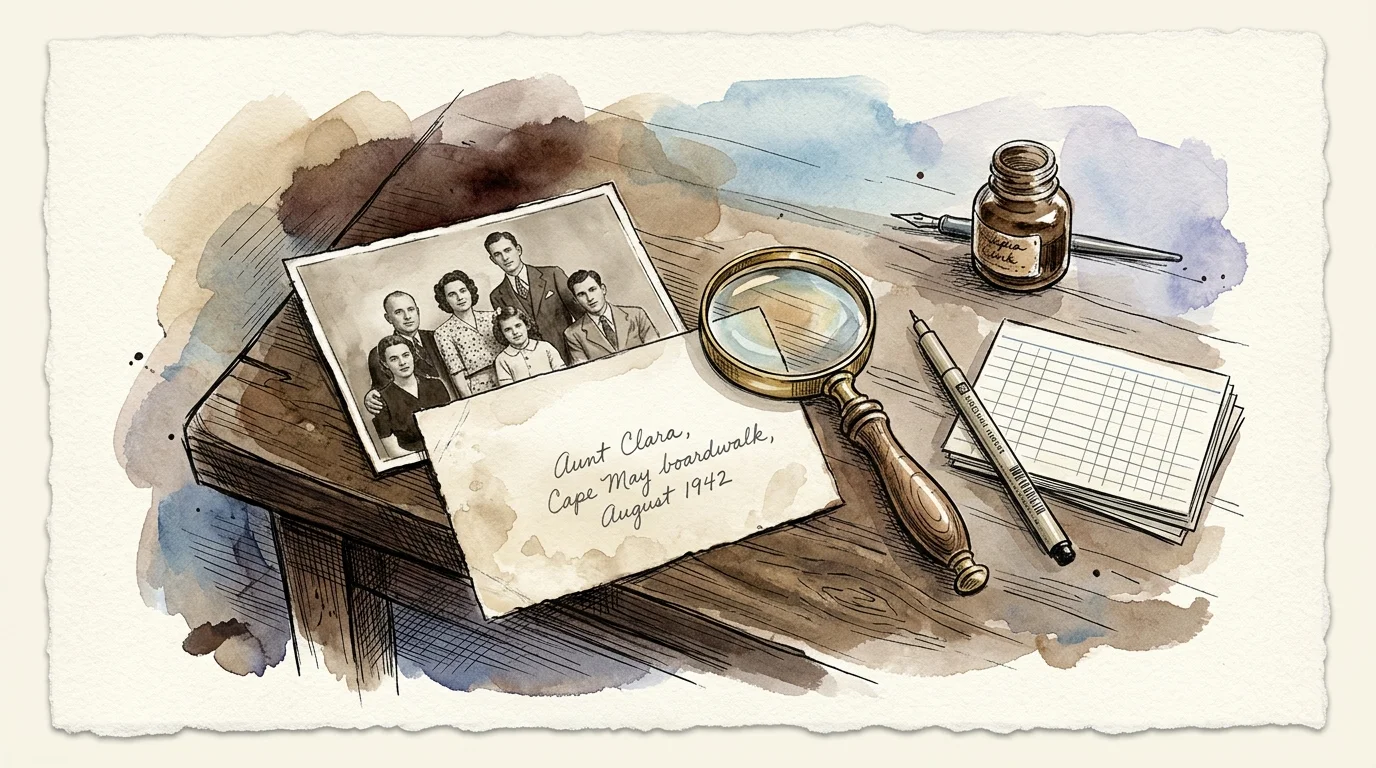 Watercolor illustration of a vintage family photo, handwritten note, magnifying glass, ink bottle, and pen on a wooden desk.