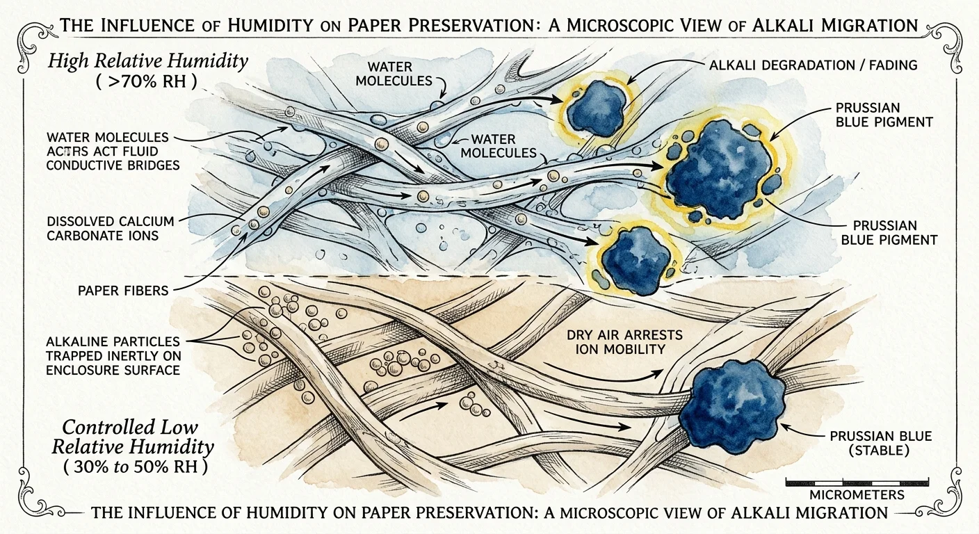 Diagram contrasting paper fibers under high humidity showing alkali degradation with low humidity keeping particles inert.