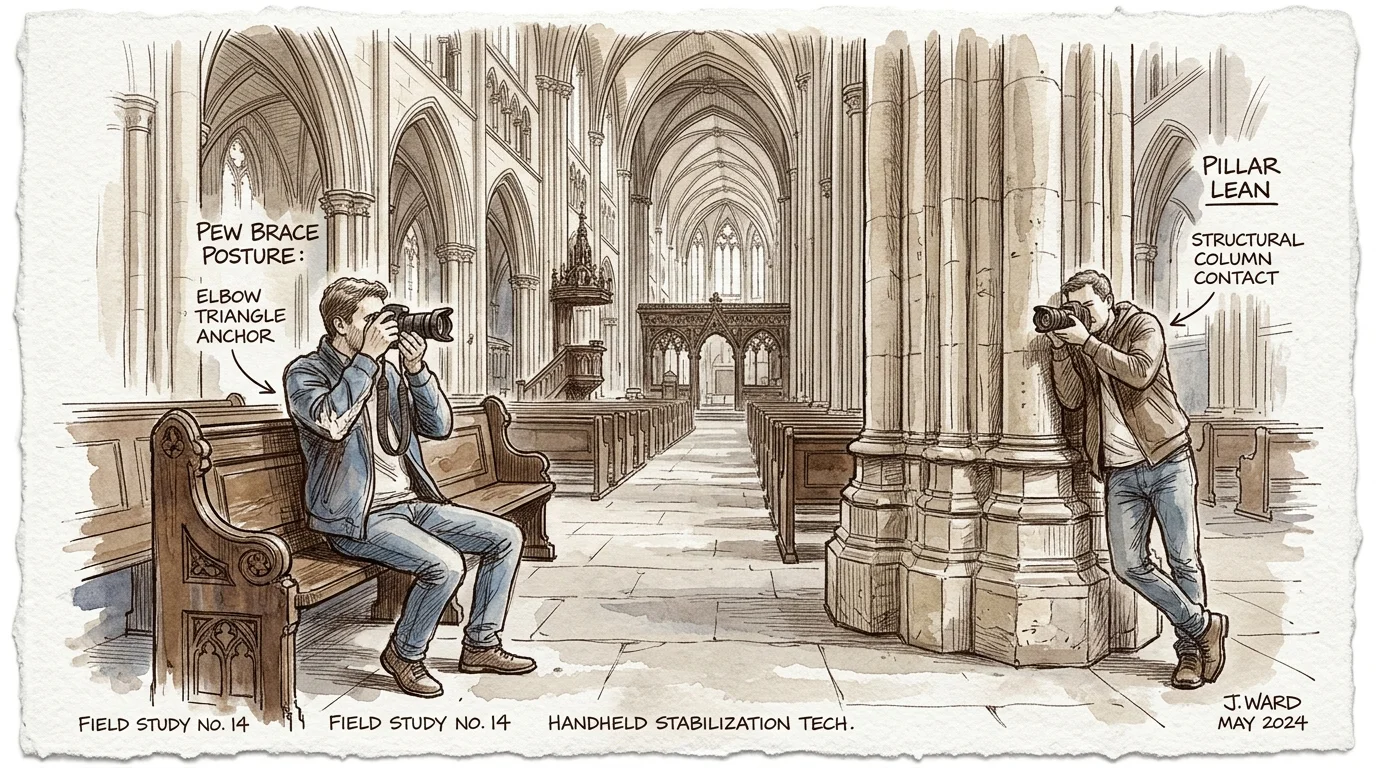 Illustration of two photographers inside a cathedral bracing against a wooden pew and a stone pillar.