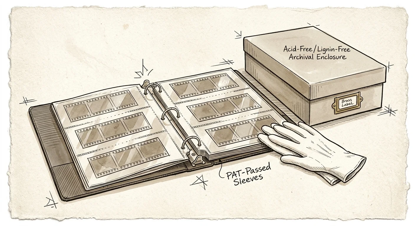 Ink sketch of an open ring binder holding sleeved film negatives beside an archival storage box and white gloves.