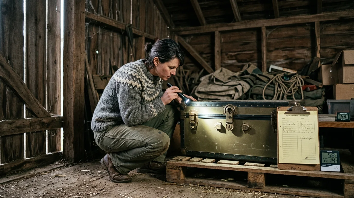 A woman crouches inside a rustic barn, shining a flashlight on a vintage metal storage trunk resting on a wooden pallet.