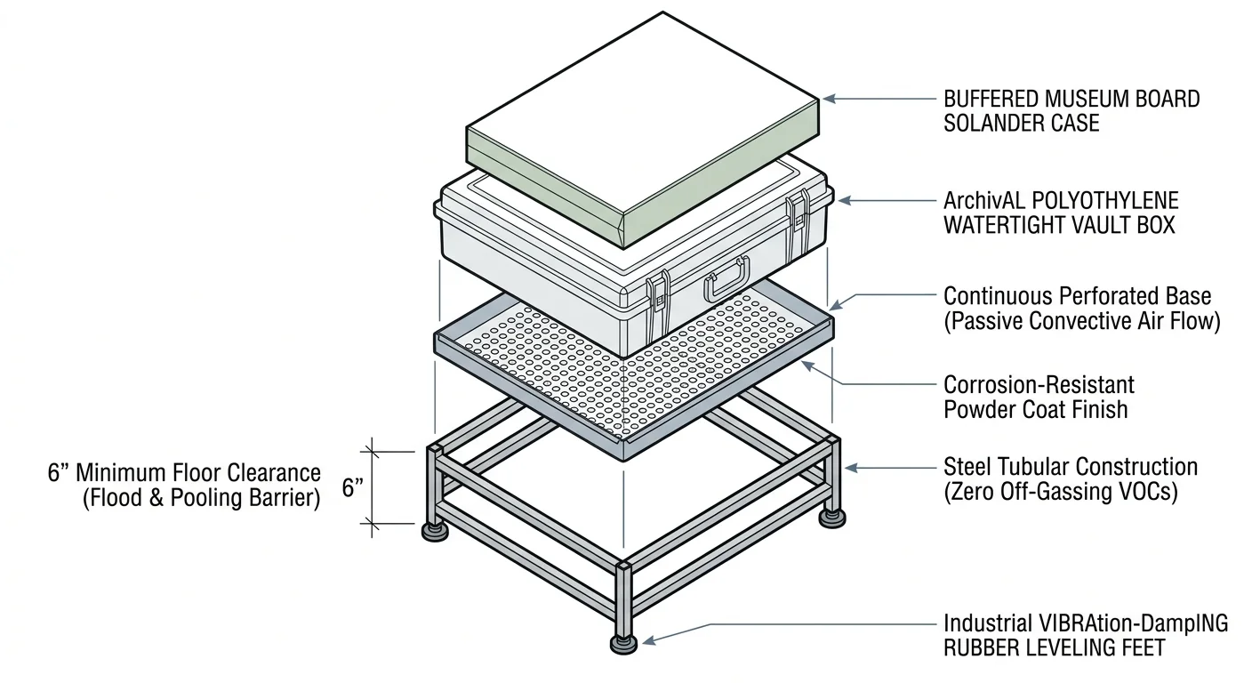 Exploded diagram of an archival storage stand showing tubular steel base with six-inch clearance, perforated tray, and boxes.