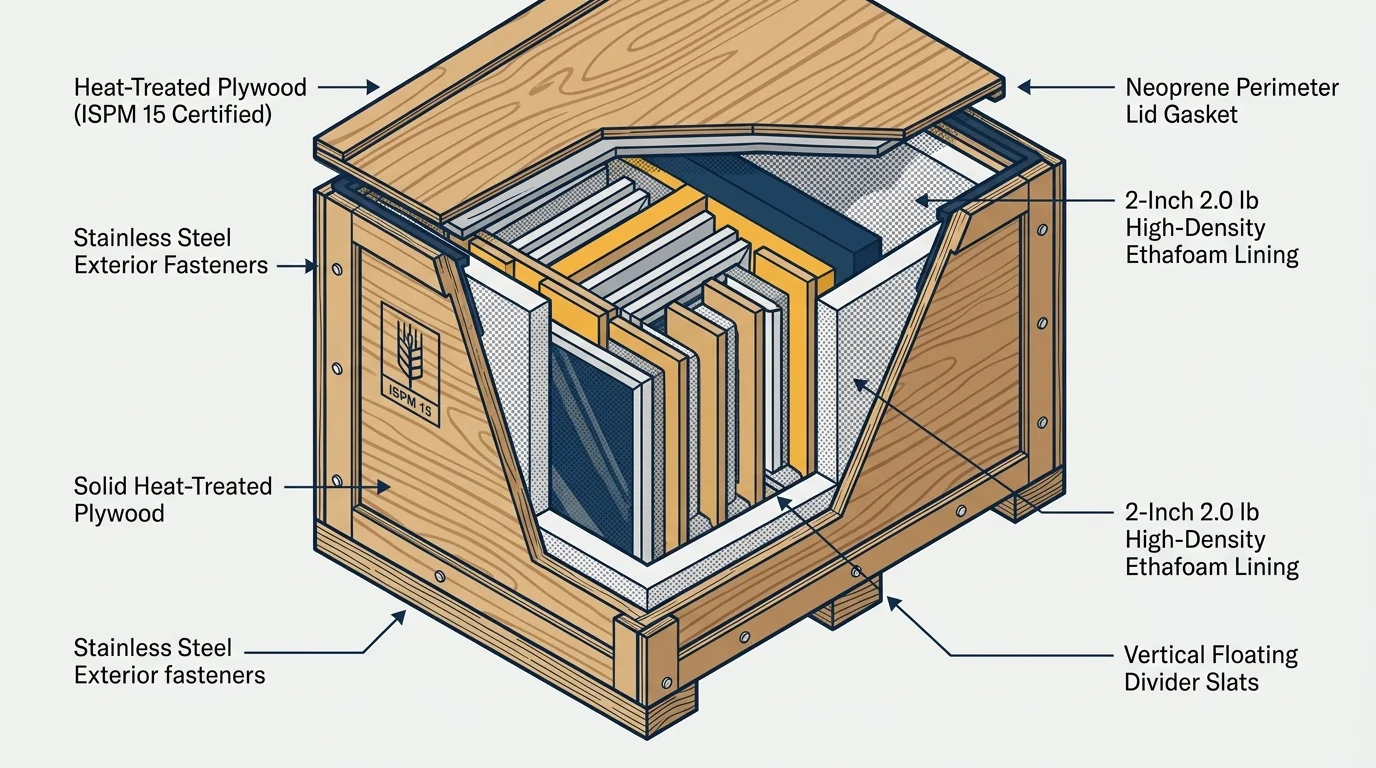 Cutaway diagram of a wooden shipping crate showing foam lining, vertical divider slats, framed portraits, and ISPM 15 stamp.