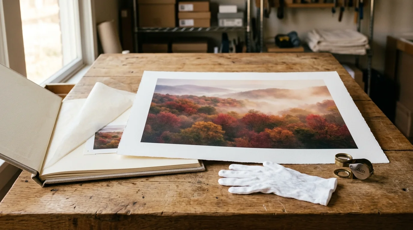 Fine art autumn landscape print lying on a wooden table beside a linen photo album, cotton glove, and jeweler's loupe.
