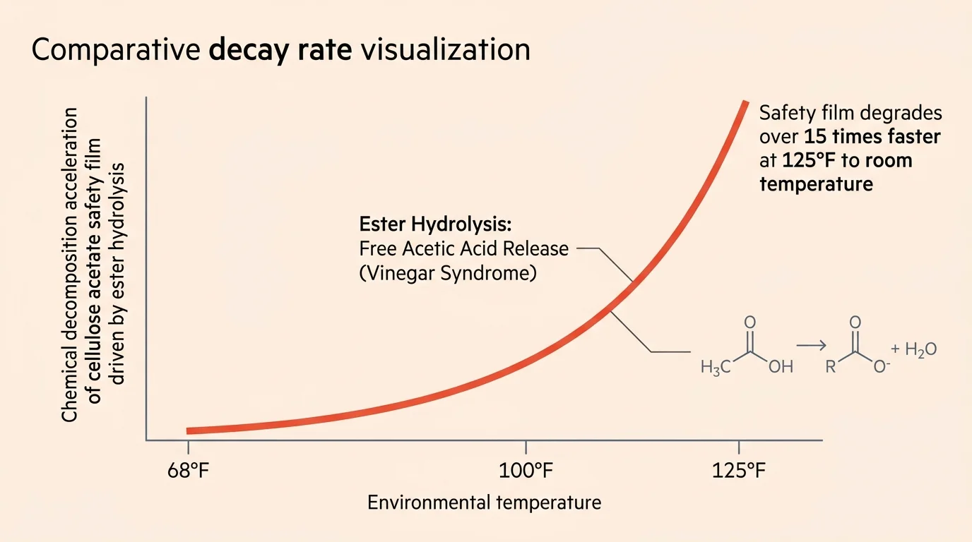 Line graph showing an exponential rise in cellulose acetate safety film decomposition from 68°F up to 125°F.