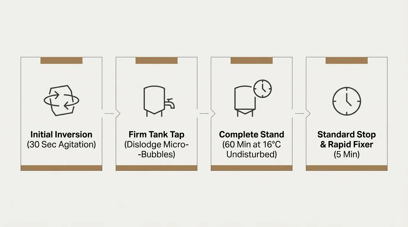 Four-step diagram outlining development steps from initial inversion to complete stand and rapid fixer.
