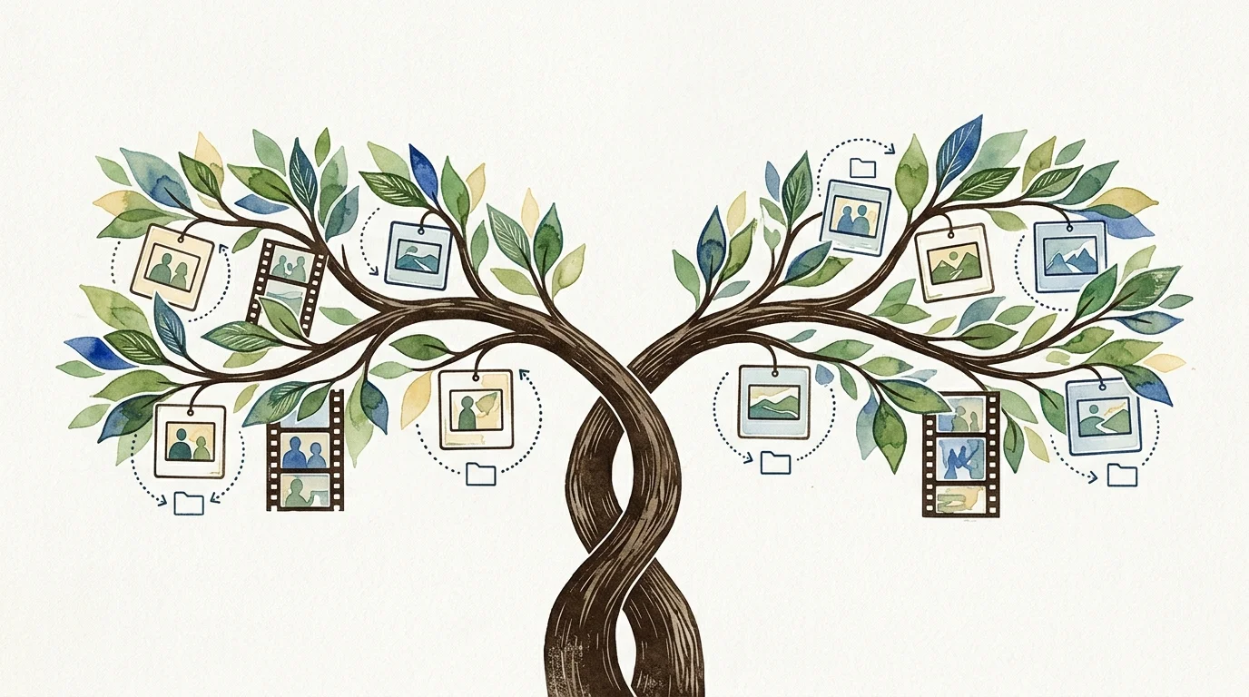 Watercolor illustration of a twisted tree splitting into two leafy branches adorned with photos, filmstrips, and folder icons.