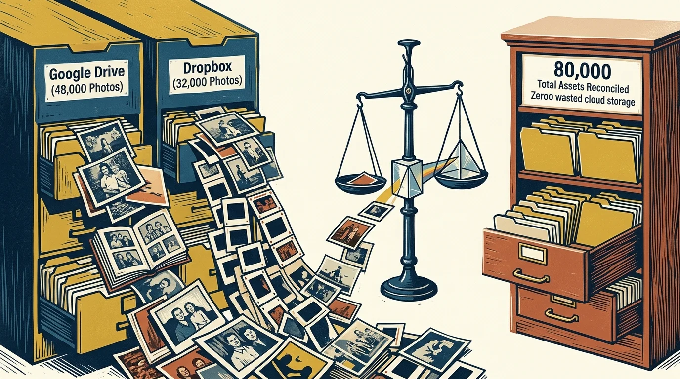 Illustration of filing cabinets labeled Google Drive and Dropbox spilling photos past a balance scale toward a unified cabinet.