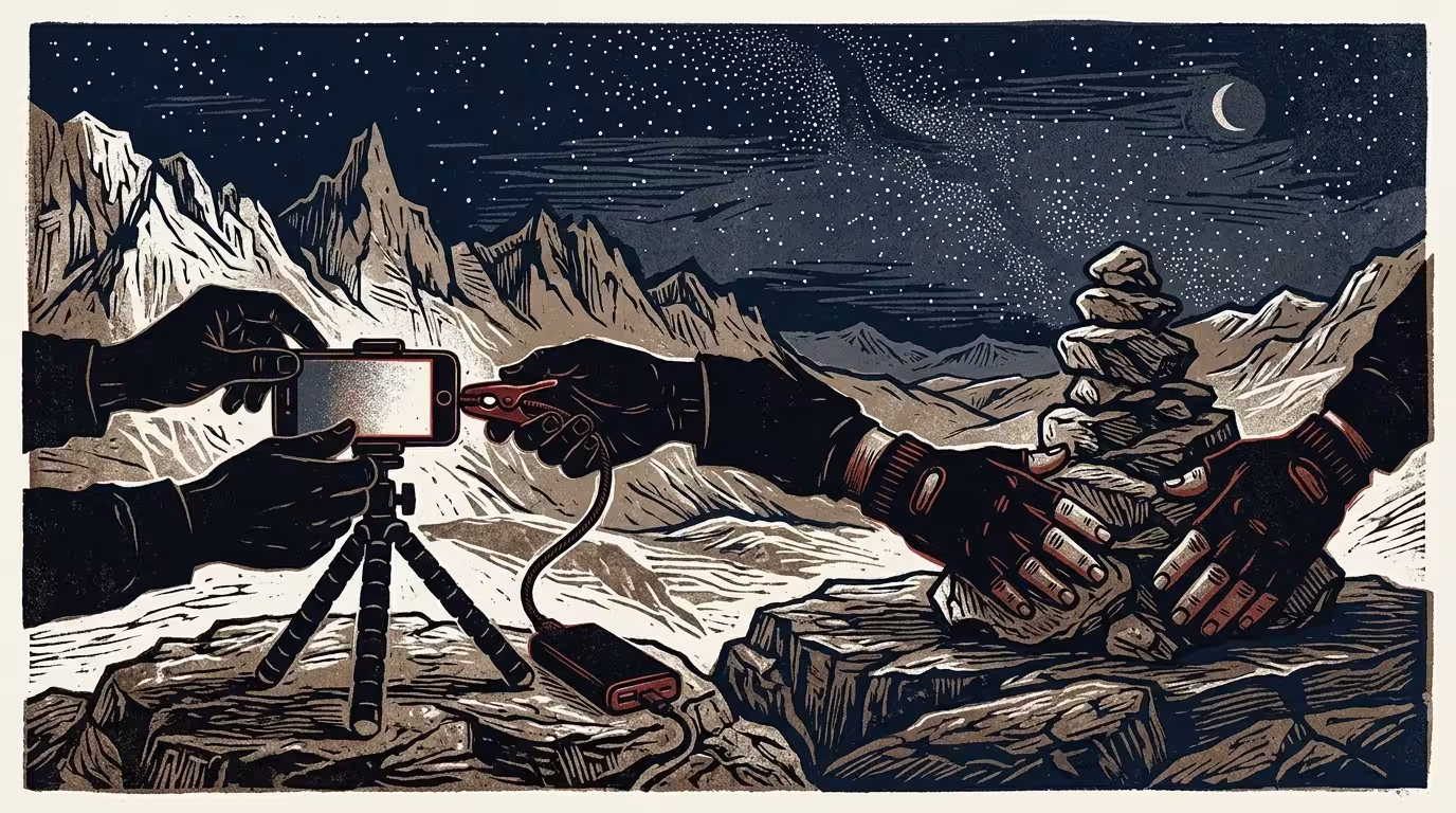 Linocut illustration of gloved hands setting a phone on a mini tripod and connecting a power bank beneath a starry sky.