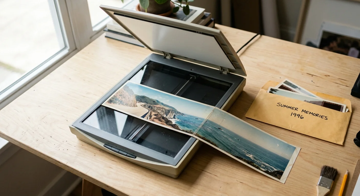 A panoramic coastal photograph rests on an open flatbed scanner beside a labeled envelope on a wooden desk.