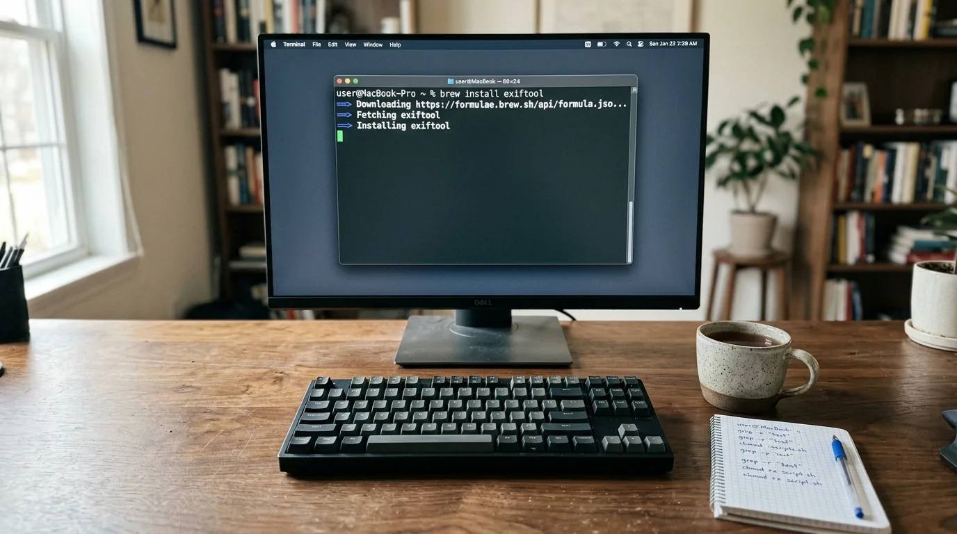 Computer monitor on a wooden desk displaying a terminal window running the command brew install exiftool.