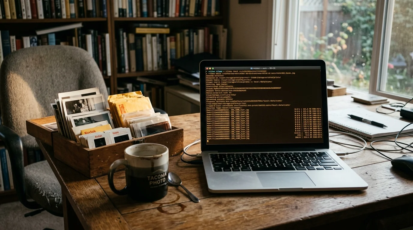 Laptop displaying terminal code on a wooden desk beside a coffee mug, vintage photos in a box, and bookshelves.