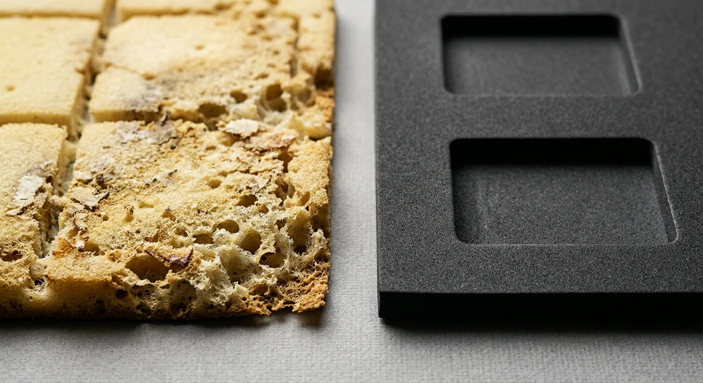 Crumbling, degraded yellowish foam cubes next to a pristine dark gray foam insert with cutouts.