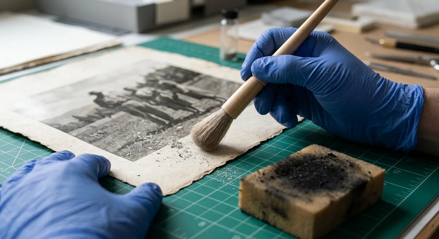 Gloved hands carefully brush debris off an antique black-and-white photograph resting on a green cutting mat.