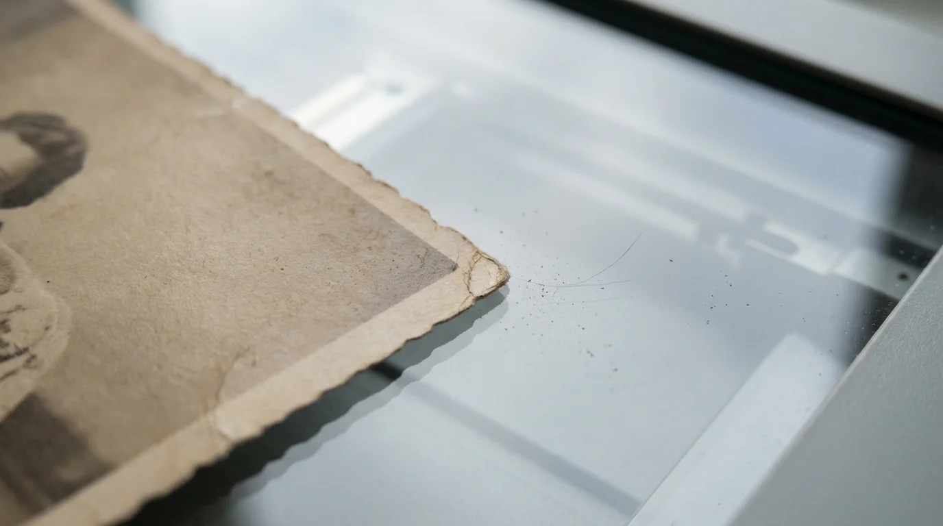 Macro photograph of dust particles on a scanner glass next to a vintage photo.
