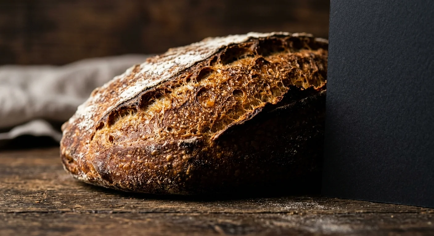 A crusty loaf of baked sourdough bread resting on a dark rustic wooden surface next to a vertical black panel.