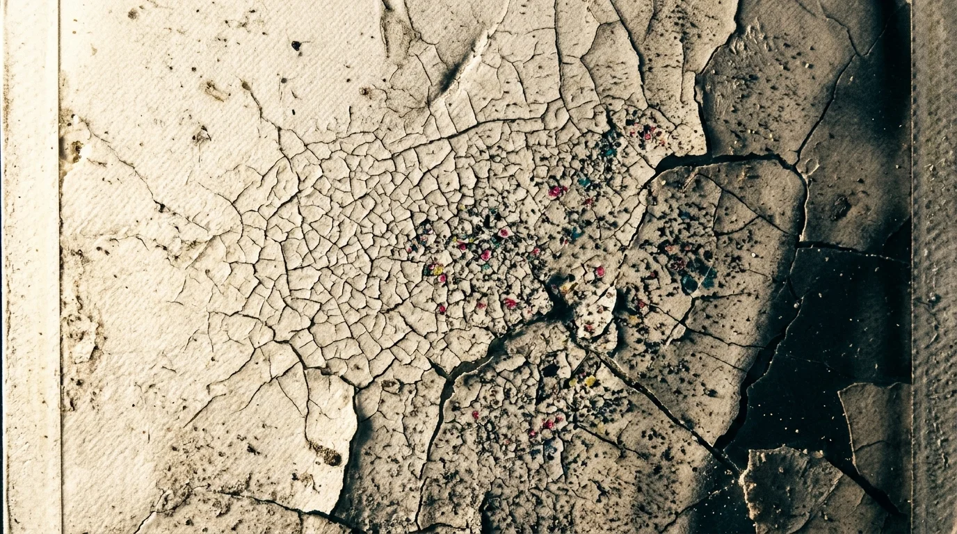 Macro view of a cracked, textured off-white surface with deep fractures and scattered specks of colored pigment.
