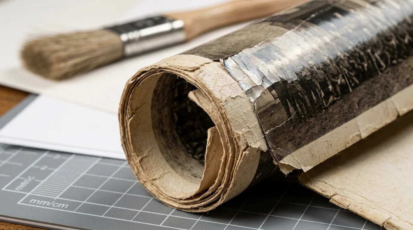 A rolled, cracked vintage panoramic photograph rests on a cutting mat beside a wooden-handled conservation brush.