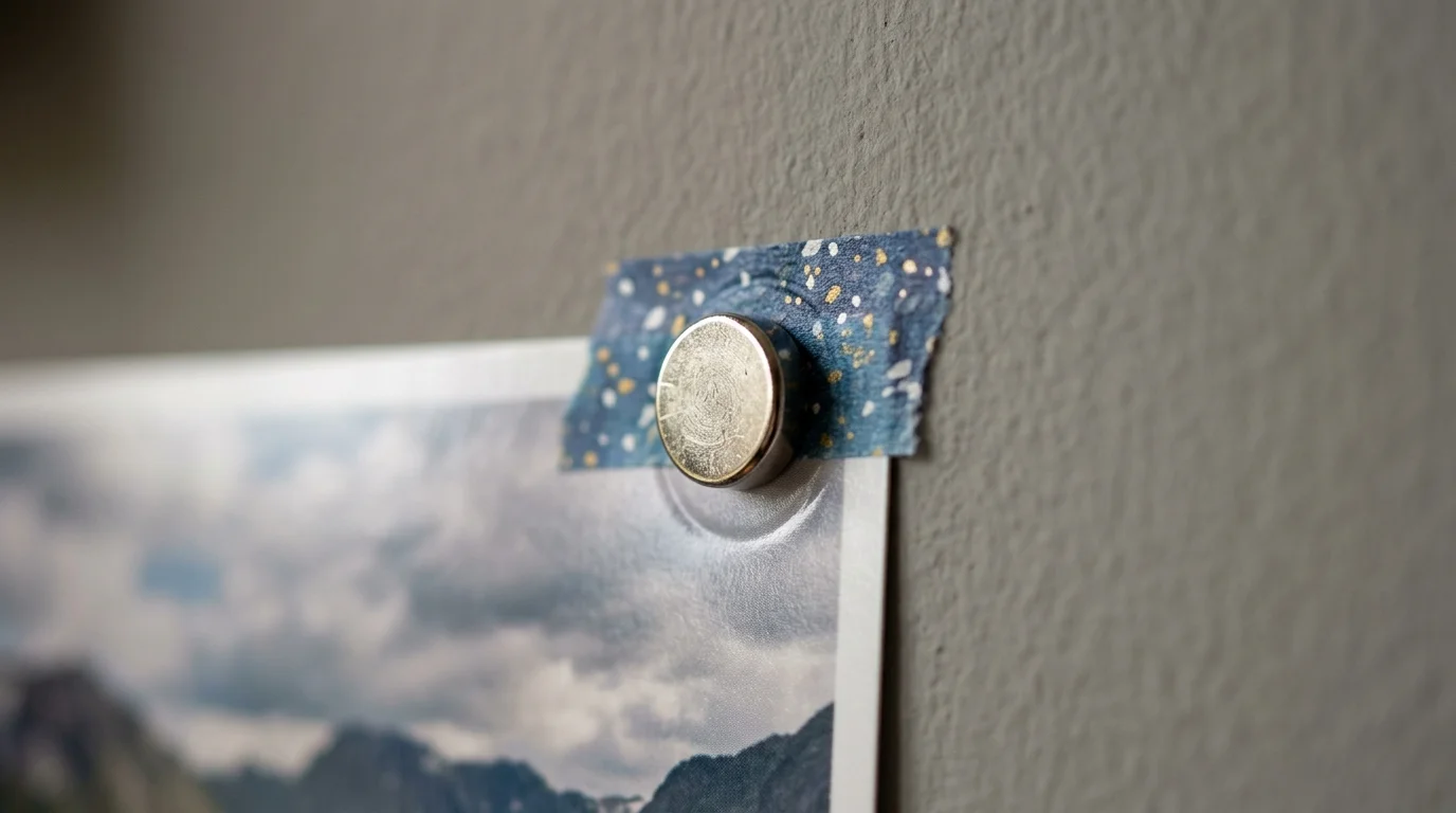 Small round disc magnet holding a photo corner against blue speckled washi tape and a washer on a textured wall.