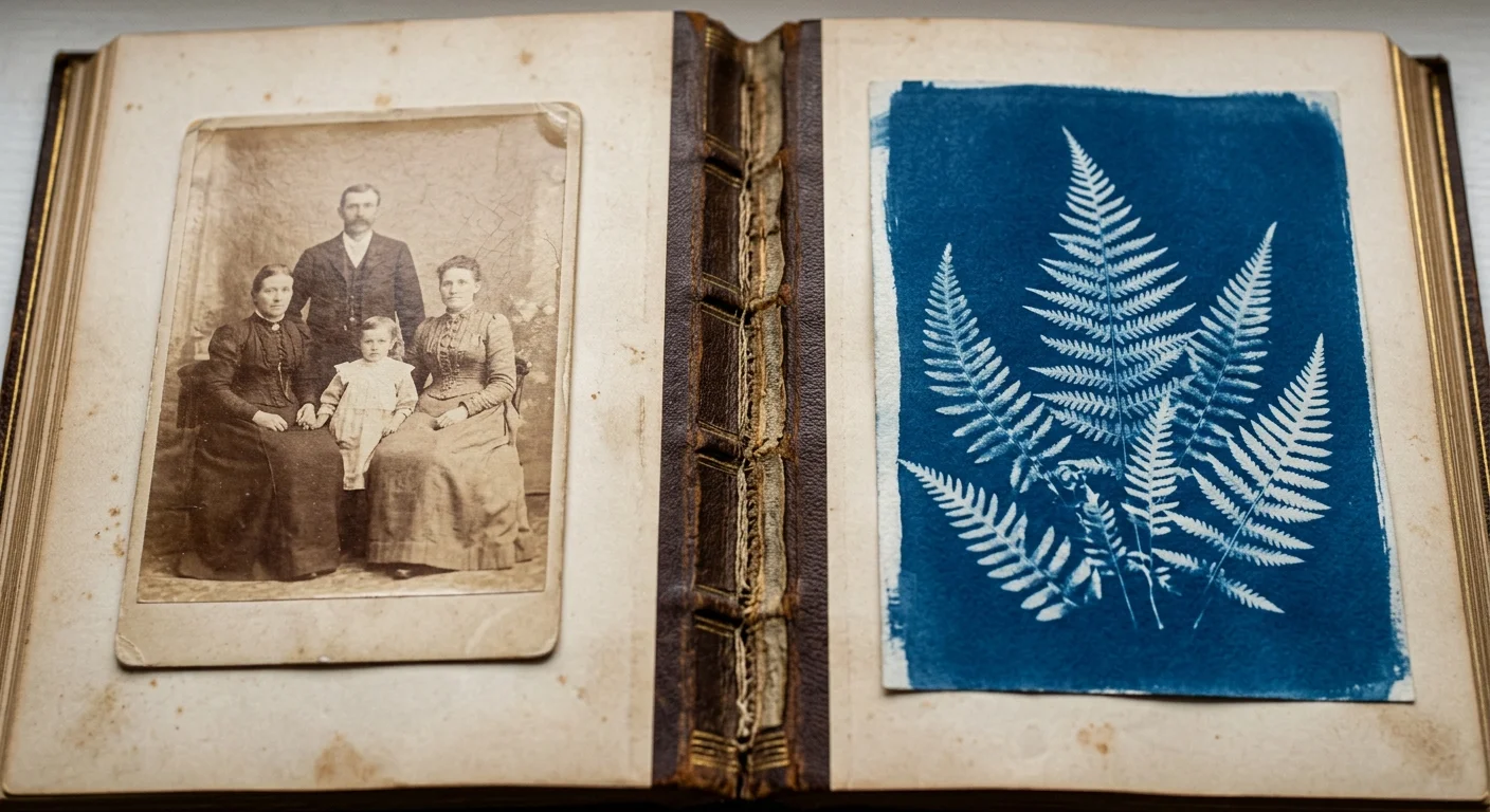 Open antique book displaying an aged sepia family portrait on the left page and a blue cyanotype fern print on the right.