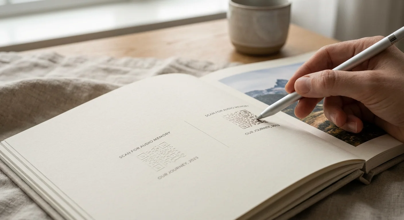 Macro shot of QR codes printed on high-quality photo paper within a book layout.