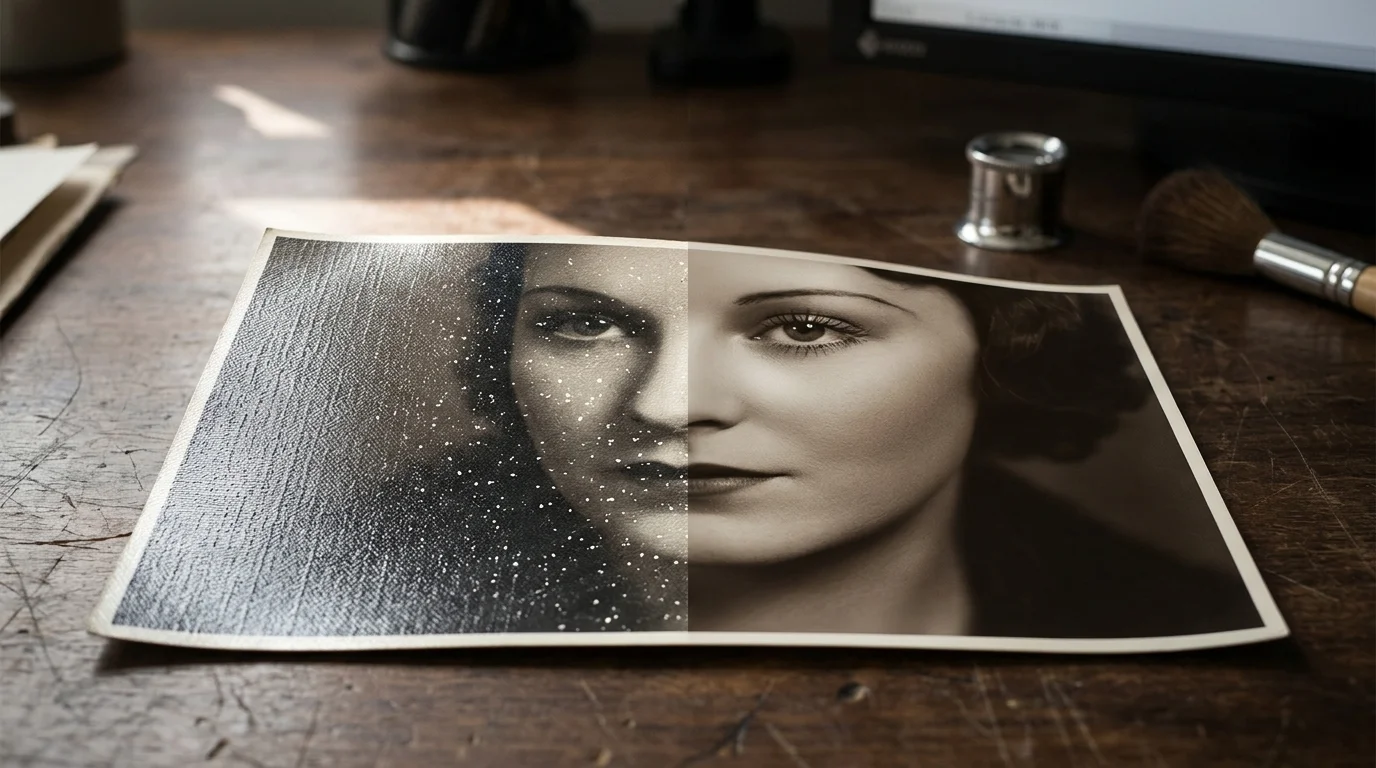 Split portrait on a desk, showing a textured, speckled vintage print on the left and smooth restoration on the right.