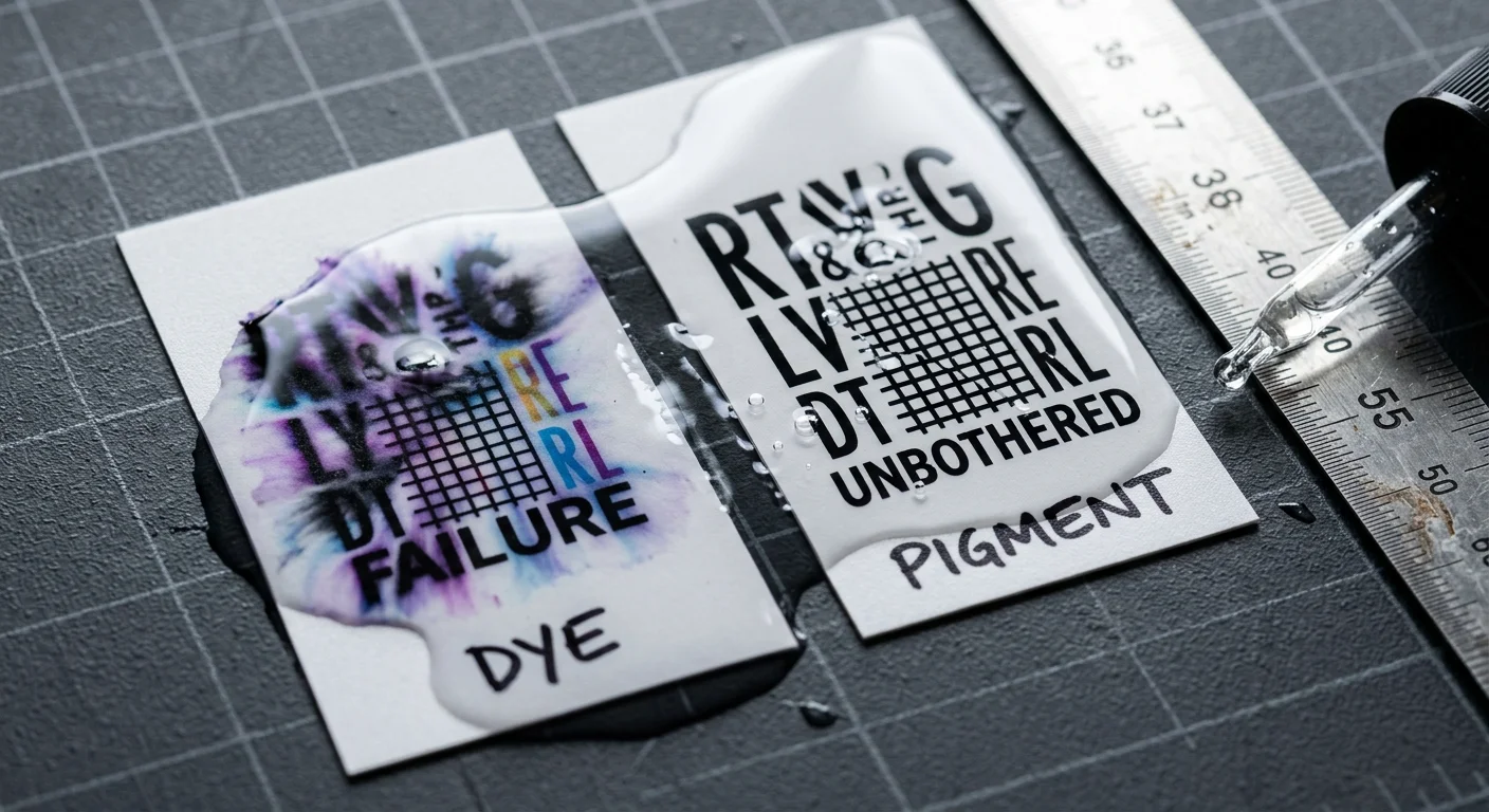 Water droplet over two test cards, blurring dye ink on the left while pigment ink on the right stays intact.