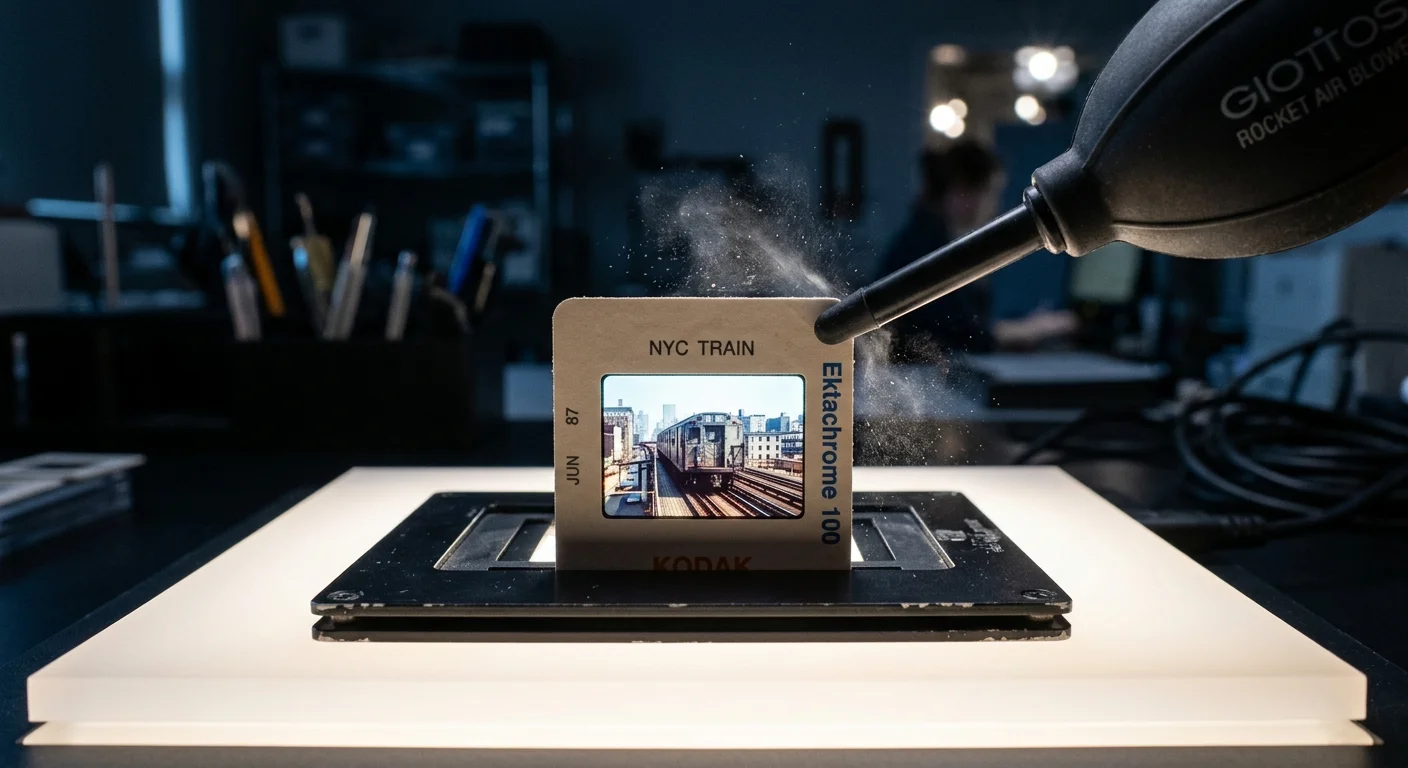 An air blower dusting an Ektachrome slide sitting in a film carrier atop an illuminated light panel.