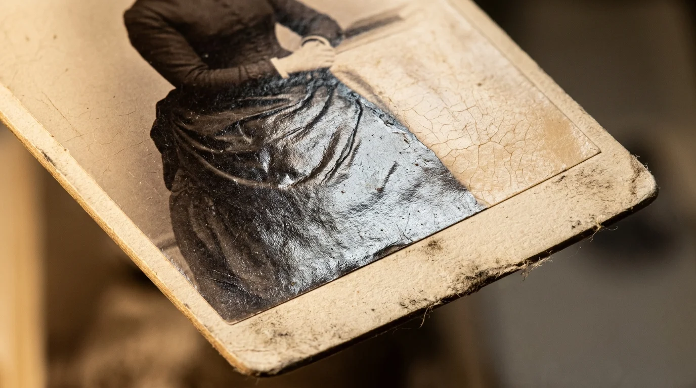 Close-up of an aged cabinet card photograph showing silvery sheen and fine cracks across a woman's dark dress.