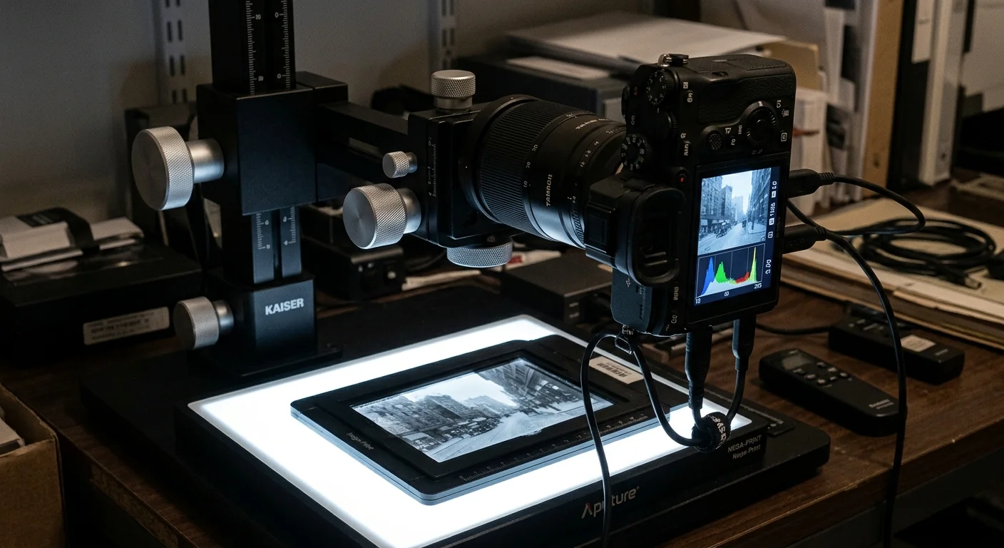 Mirrorless camera mounted on a copy stand pointing down at a vintage film negative illuminated on a light pad.