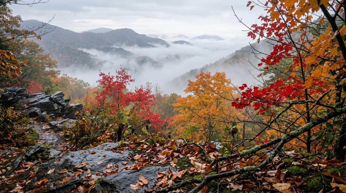 View from a rocky overlook covered in fallen leaves looking out at misty mountain valleys framed by vibrant autumn trees.