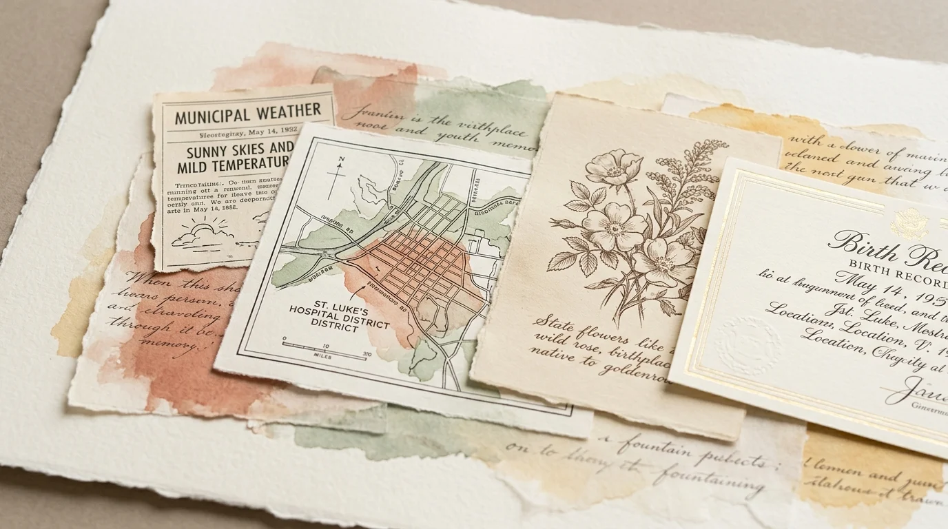 Collage of ephemera with a hospital district map, botanical sketch, weather clipping, and birth record on handmade paper.