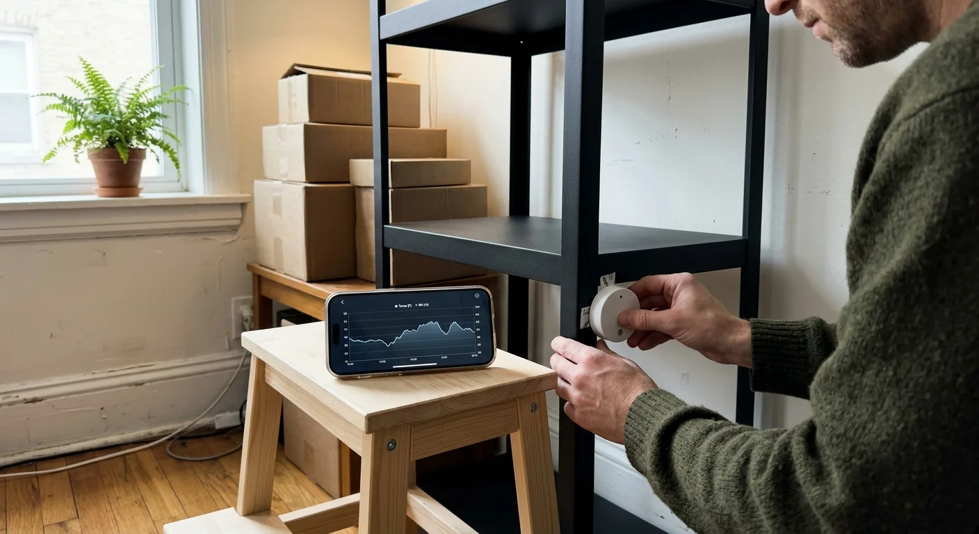 A man attaches a round white sensor to a black shelving unit beside a smartphone displaying a data graph.