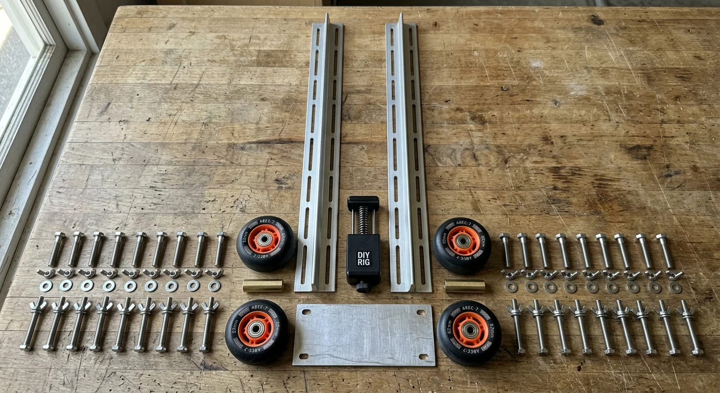 Hardware components including aluminum rails, bolts, wing nuts, small wheels, and a phone clamp arranged on a workbench.