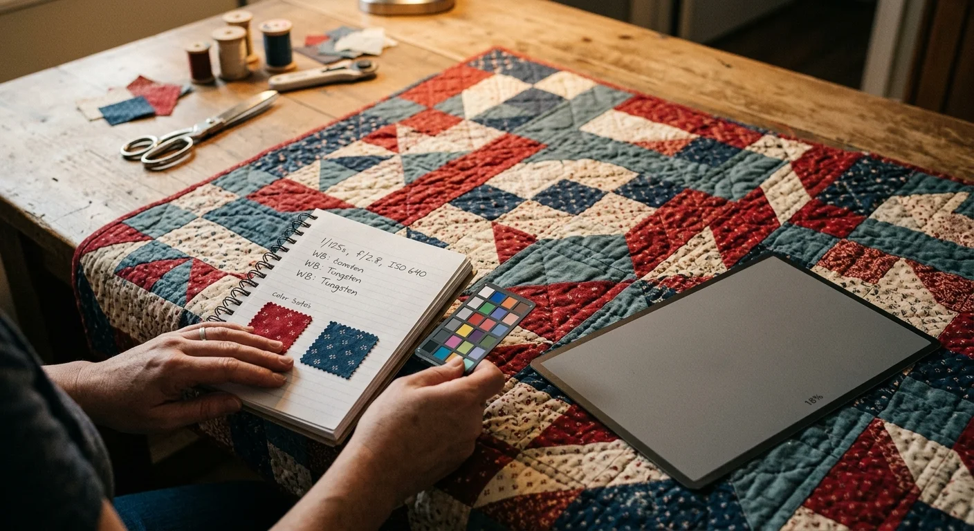 Person holding a color checker card and notebook over a patchwork quilt alongside an 18 percent gray card on a table.