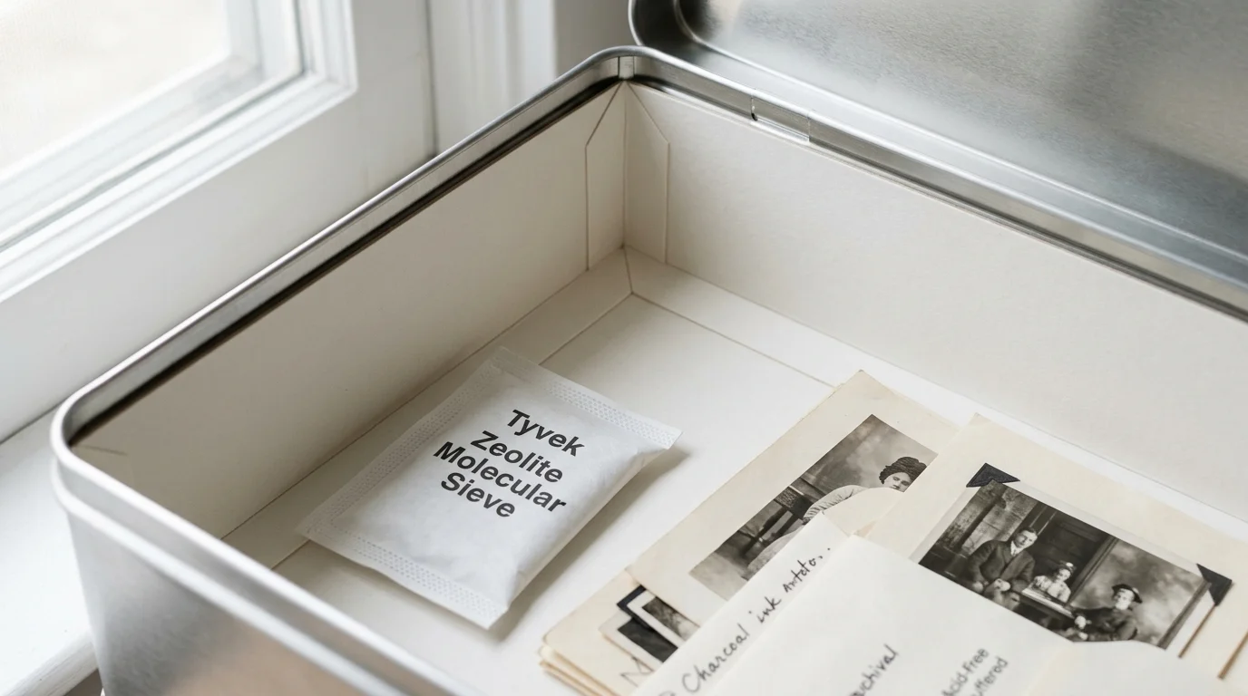 Open metal tin lined with off-white board, containing a zeolite molecular sieve packet and vintage black-and-white photos.