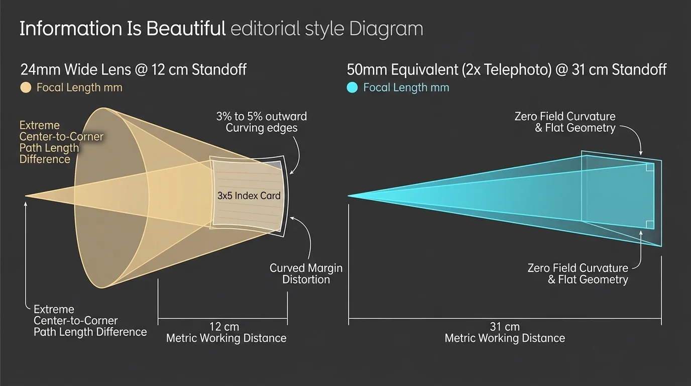 Diagram comparing optical cones and card edge curvature between a 24mm wide lens and a 50mm equivalent telephoto lens.