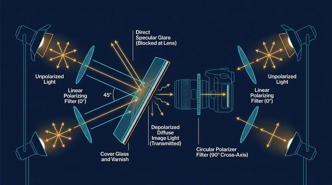 Diagram of cross-polarization setup with lights, polarizing filters, a tintype plate, and a camera blocking specular glare.