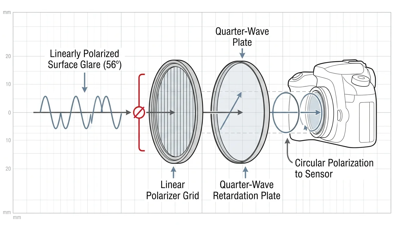 Diagram of light waves passing through a linear polarizer grid and quarter-wave retardation plate into a camera sensor.