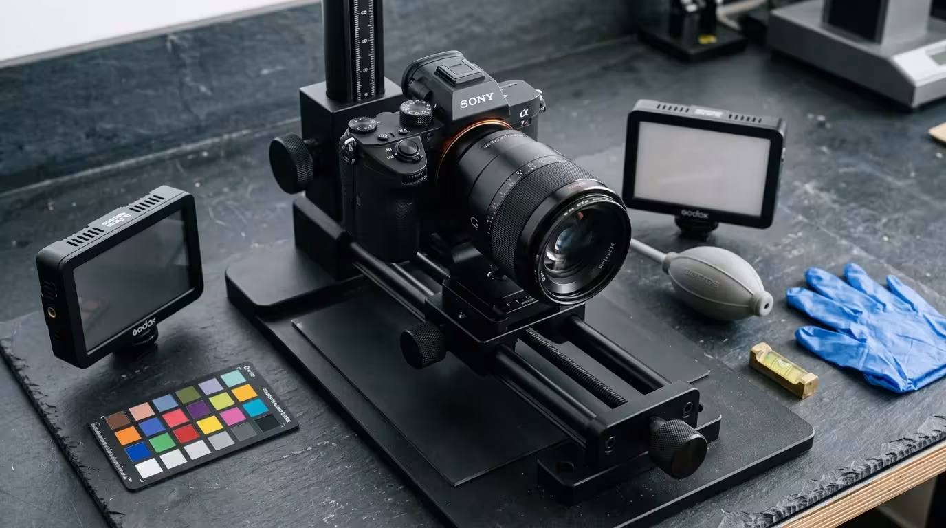 Sony camera mounted on a focusing rail surrounded by compact LED lights, a color checker card, an air blower, and a level.