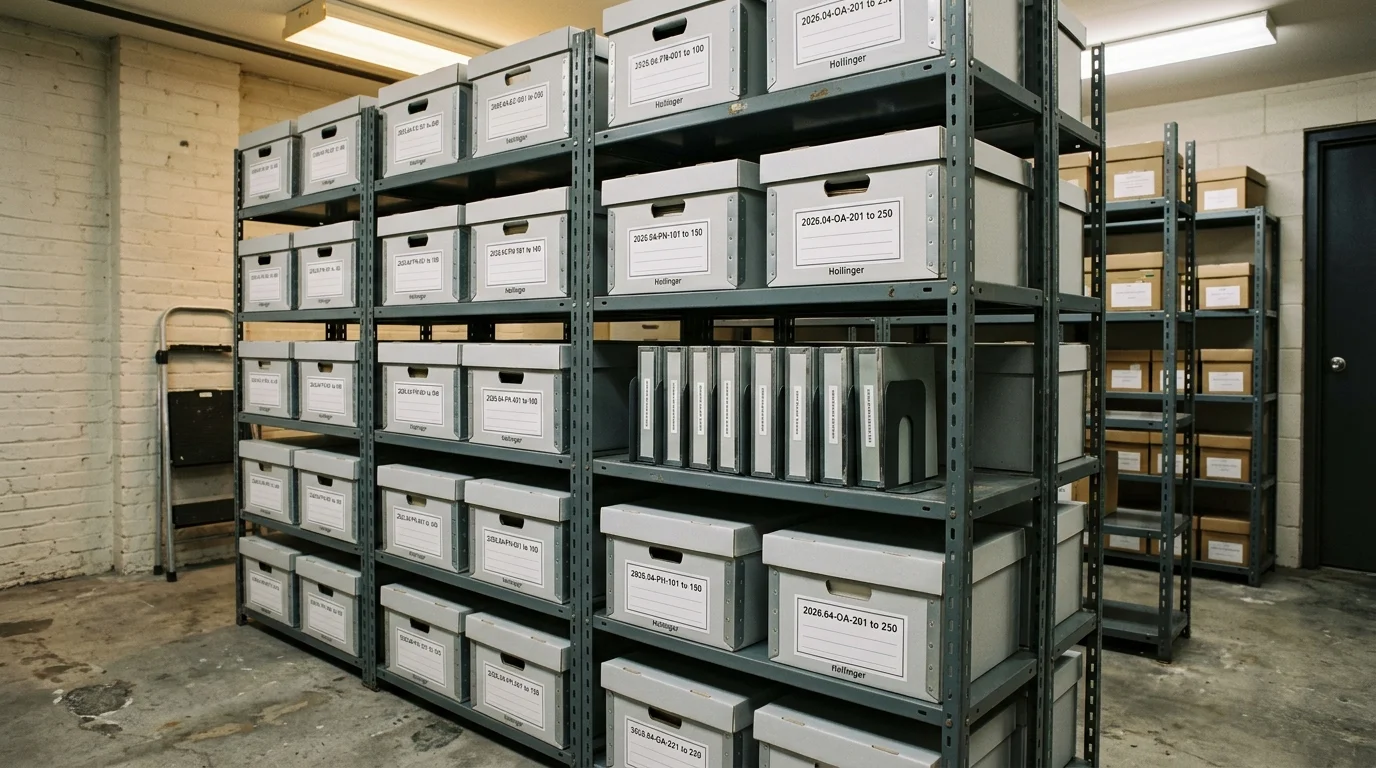 Metal shelving units filled with labeled archival storage boxes and document binders in a basement storage room.